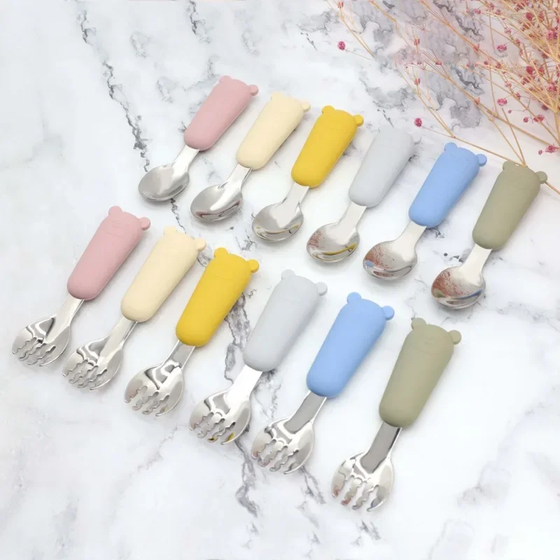 1PC Baby Tableware Independent Eating Training Silicone Anti Fall Stainless Steel Spoon Fork Cartoon Bear Tableware Set