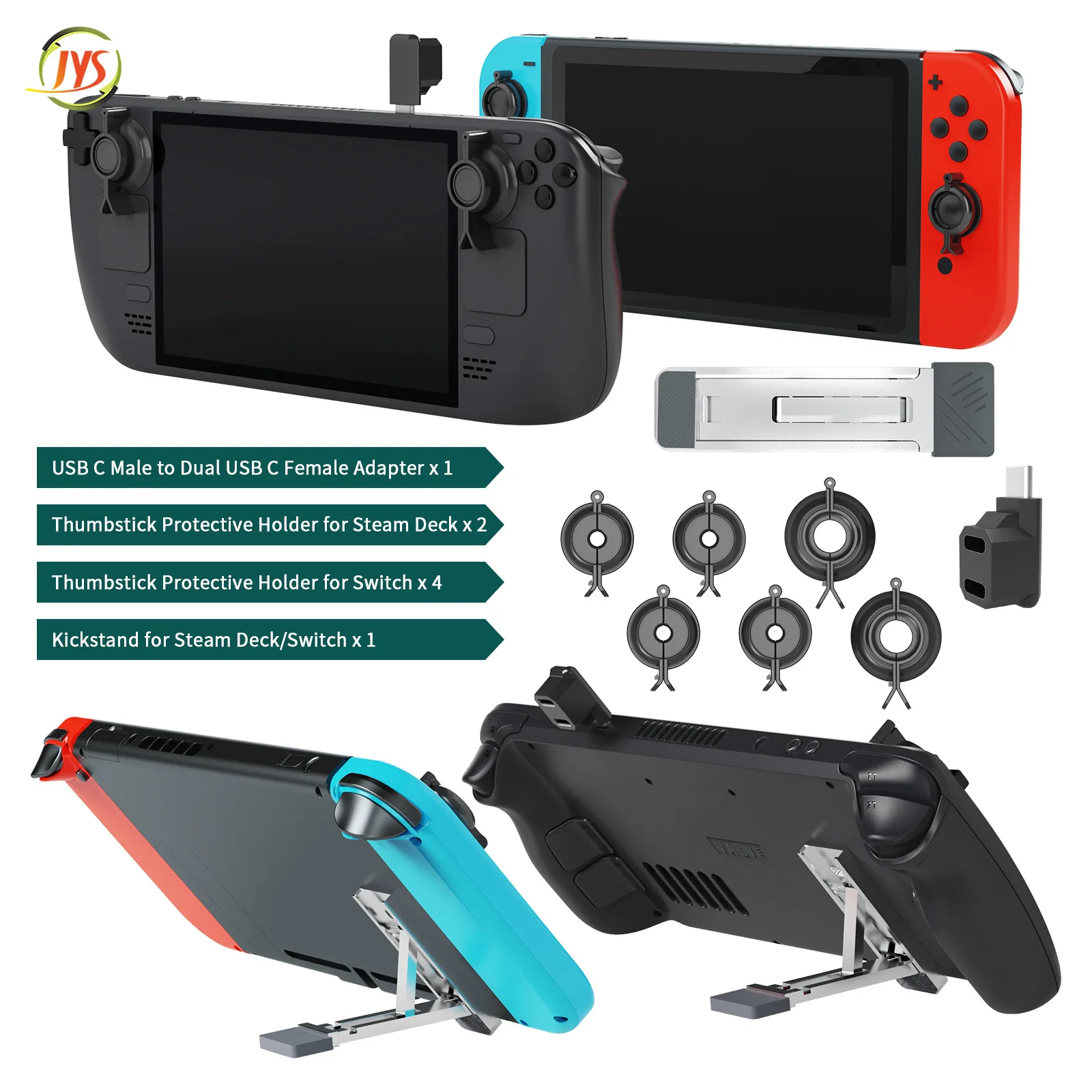 JYS-SD015 For Steam Deck Console Rocker Protection Set For Switch OLED/Lite Thumbstick Cover Grip Kickstand USB C Adapter