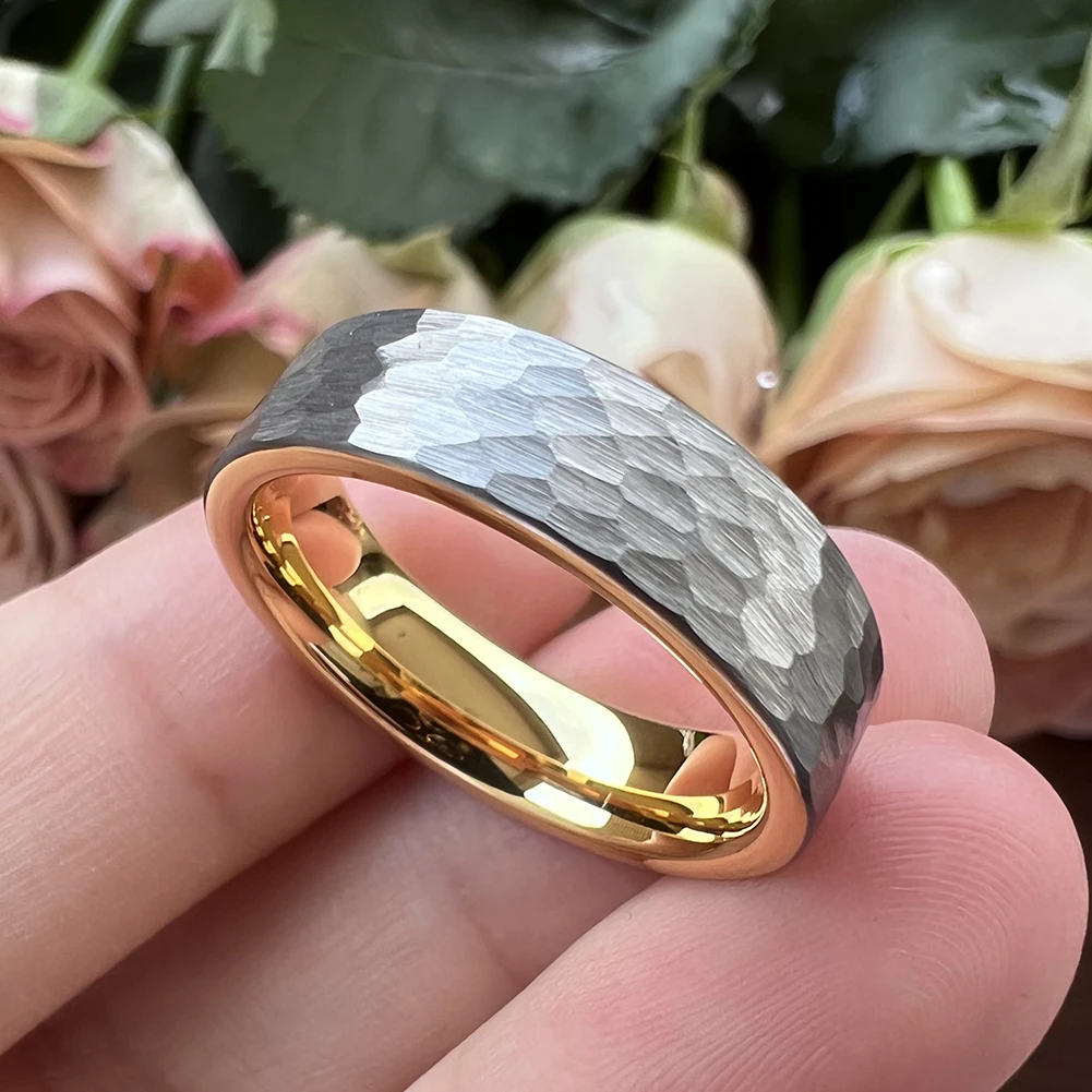 6mm Wolfram karbid ring vielfältig gehämmert für Männer Frauen Verlobung Ehering gebürstet fertig Komfort Passform – Detail 12