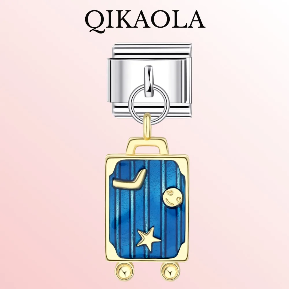 1pc Delicate Suitcase Travel Passport Cute Girl Boy Italian Charm Fit 9mm Stainless Steel Bracelet Diy Jewelry Making