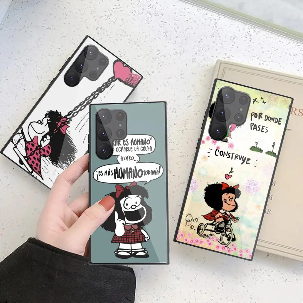 Humor-M-mafalda Phone Case For Samsung Galaxy S24 S23 S22 S21 S20 Ultra FE Plus Black Glass Case Cover