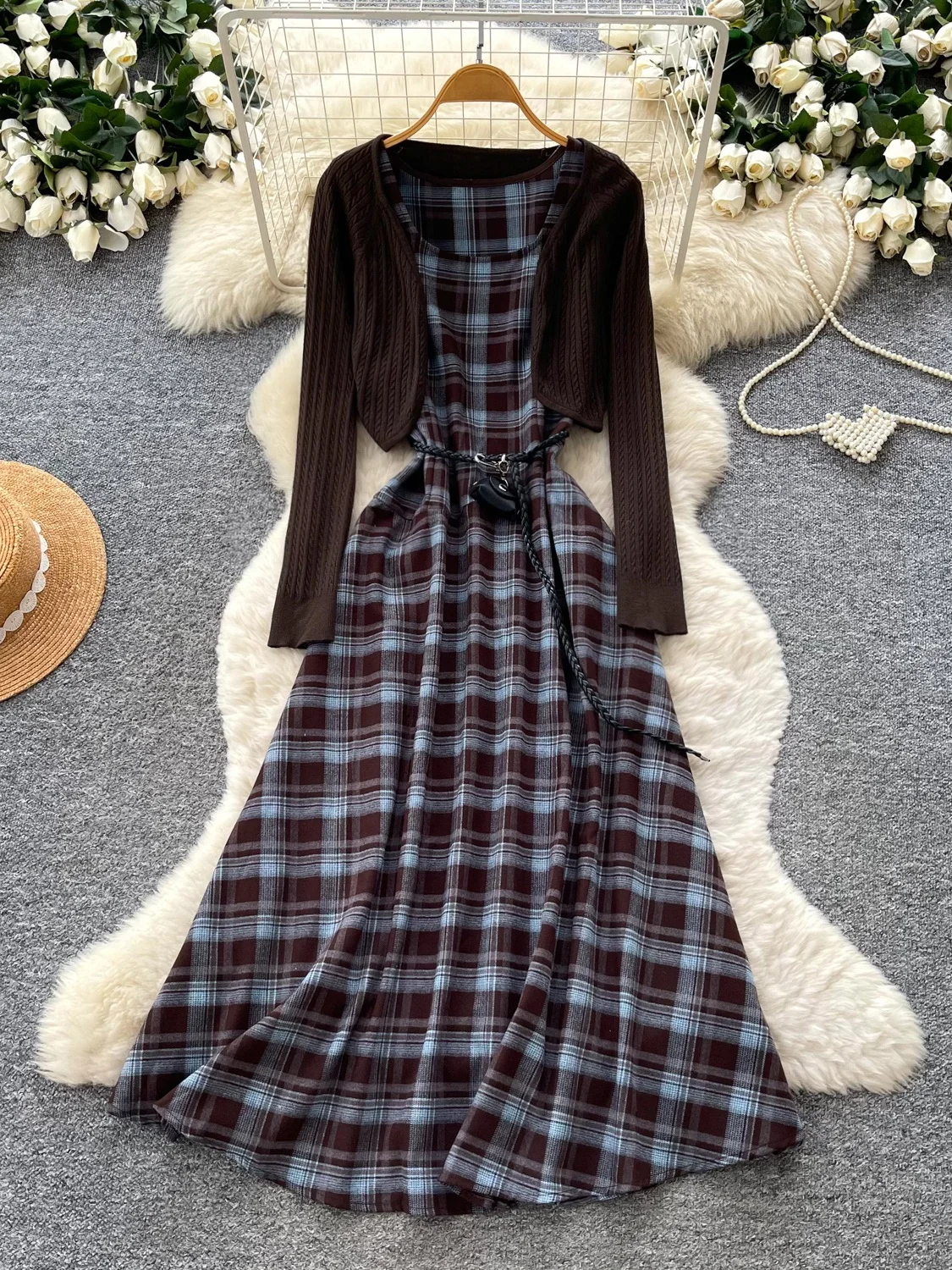 Preppy Plaid Knitted Dress And Cardigan Two-Piece Set for Women Autumn Commute Fashion Ensemble High Waist Slim Fit Midi Dress