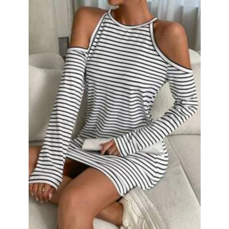 Fashion Women Loose Striped Mini Dress Long Sleeve Cold Shoulder Round Neck Casual Daily Beach T Shirt Dress