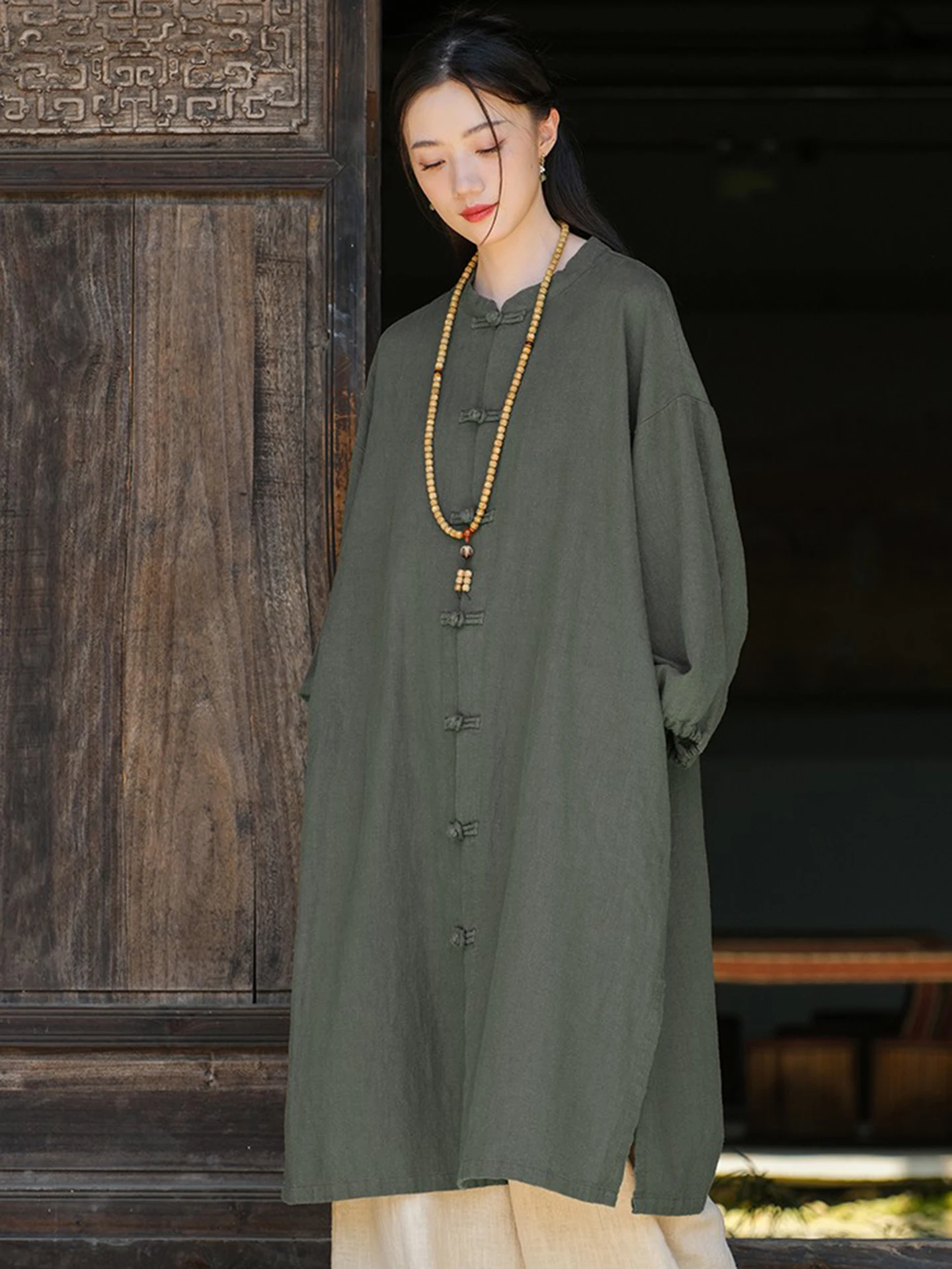 Retro Chinese Style Long Cotton Linen Coat with Button Design Autumn Outerwear Women's Fashion Artistic Zen Style Open Cardigan