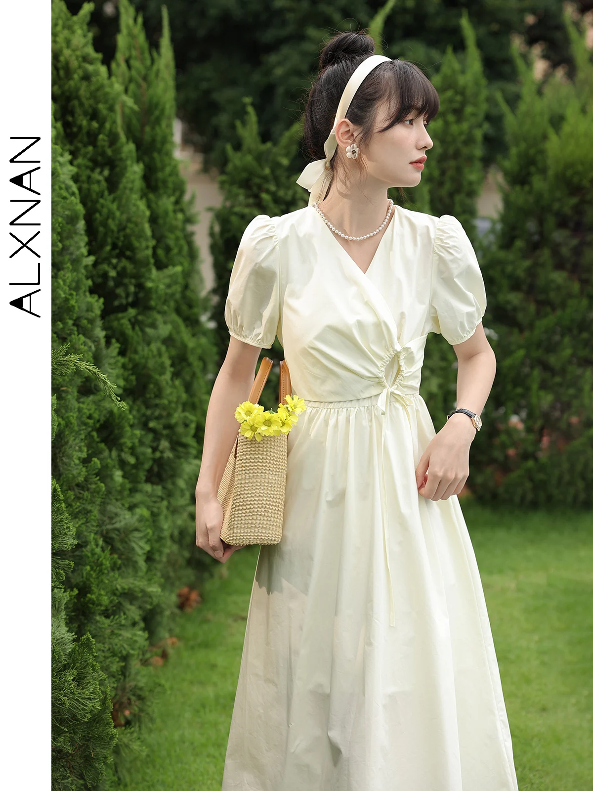 ALXNAN Puff Short Sleeve V Neck Dress Women Summer New 2024 Pleated High Waisted Elegant Fashion Sweet Solid Dresses LXN25963