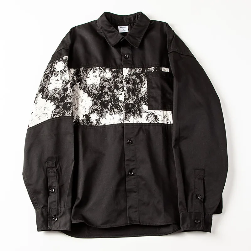 

Washed Vintage American Autumn Long Sleeve Cotton Shirt Men's Personality Patchwork Print Loose Fit Shirt Youth Trend