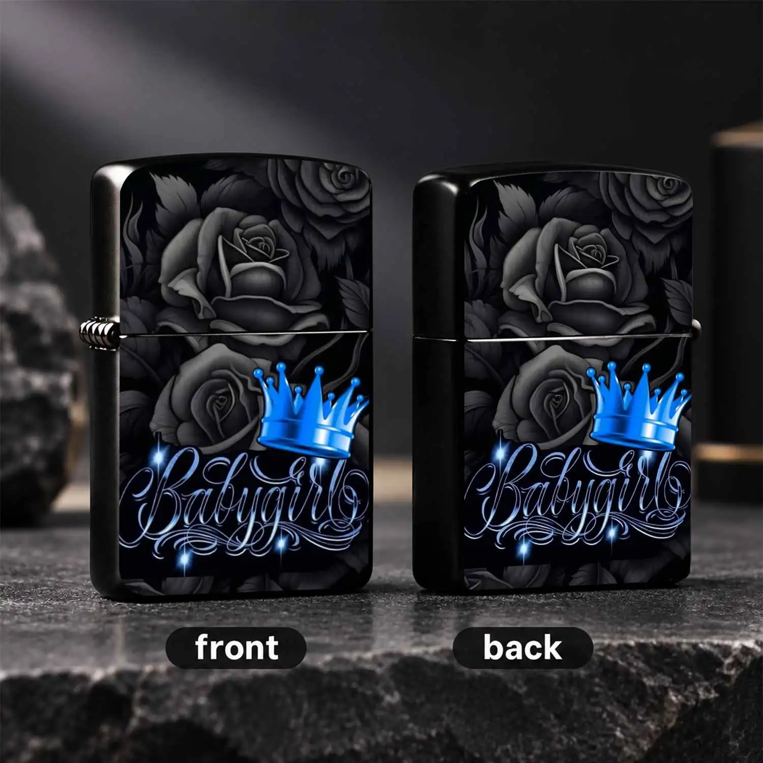 Exquisite Lighter With Dark Gray Rose Art Pattern, Bright Blue Crown And Fancy Cursive Babygirl Mark, Stylish Personalized Portable Accessory, Perfect For Daily Outdoor, Home, Gathering Scenarios, Thoughtful Unique Gift For Your Loved Ones