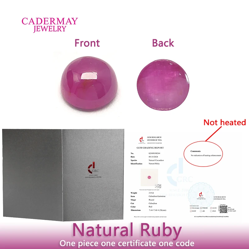 Cadermay GRC Certificate Not Heated Natural Ruby 2.61ct Round Cabochon Red Natural Ruby Gemstones For Jewelry Making