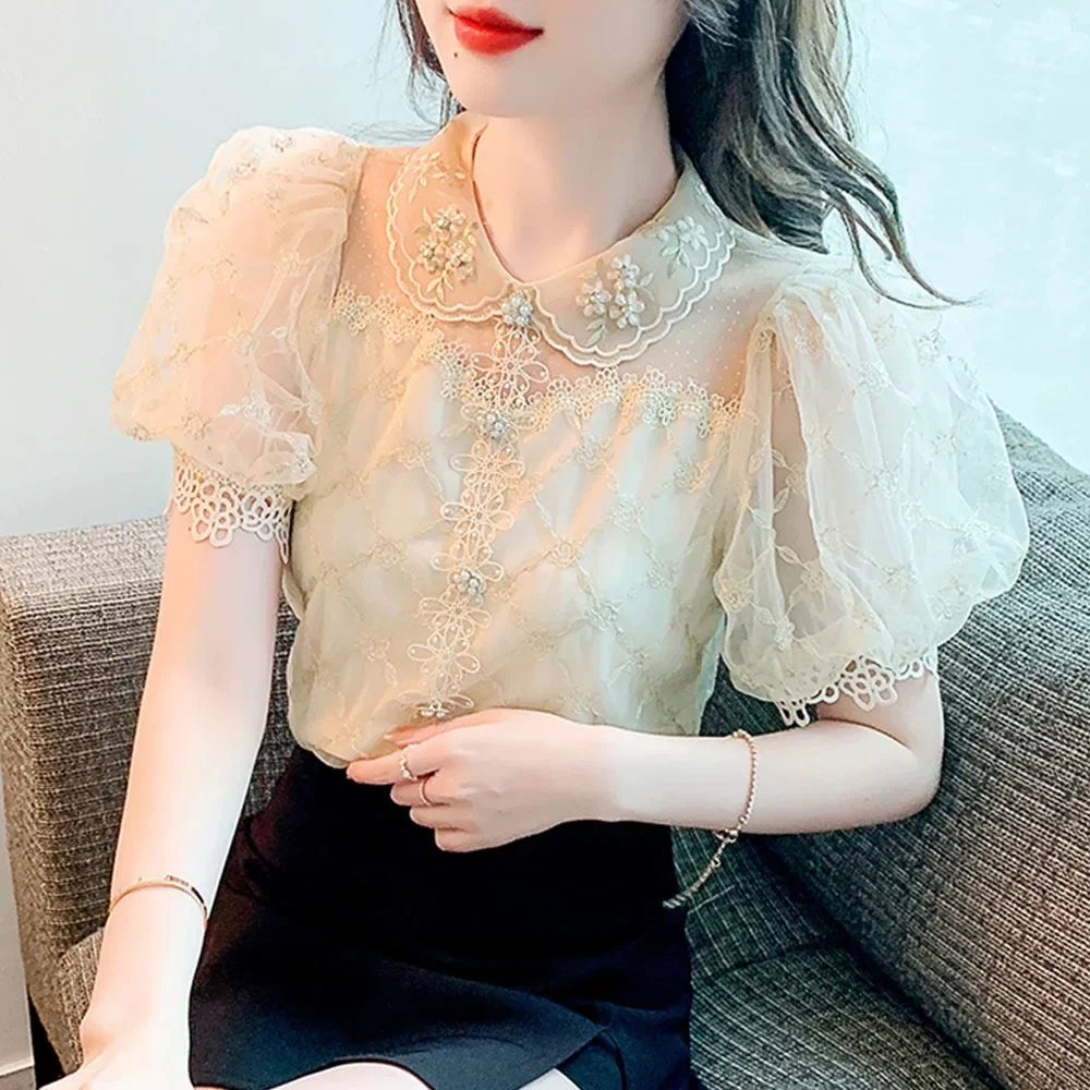 

Korean Blusas Mujer Cute Loose Shirt Women Beading Peter Pan Collar Vintage Women Blouses Summer Short Puff Sleeve Tops ZL785