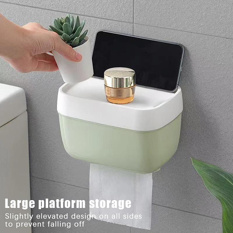 Space-Saving Wall-Mounted Toilet Paper Holder With Tissue Dispenser & Storage-Easy Adhesive Installation Creative Roll Paper Box
