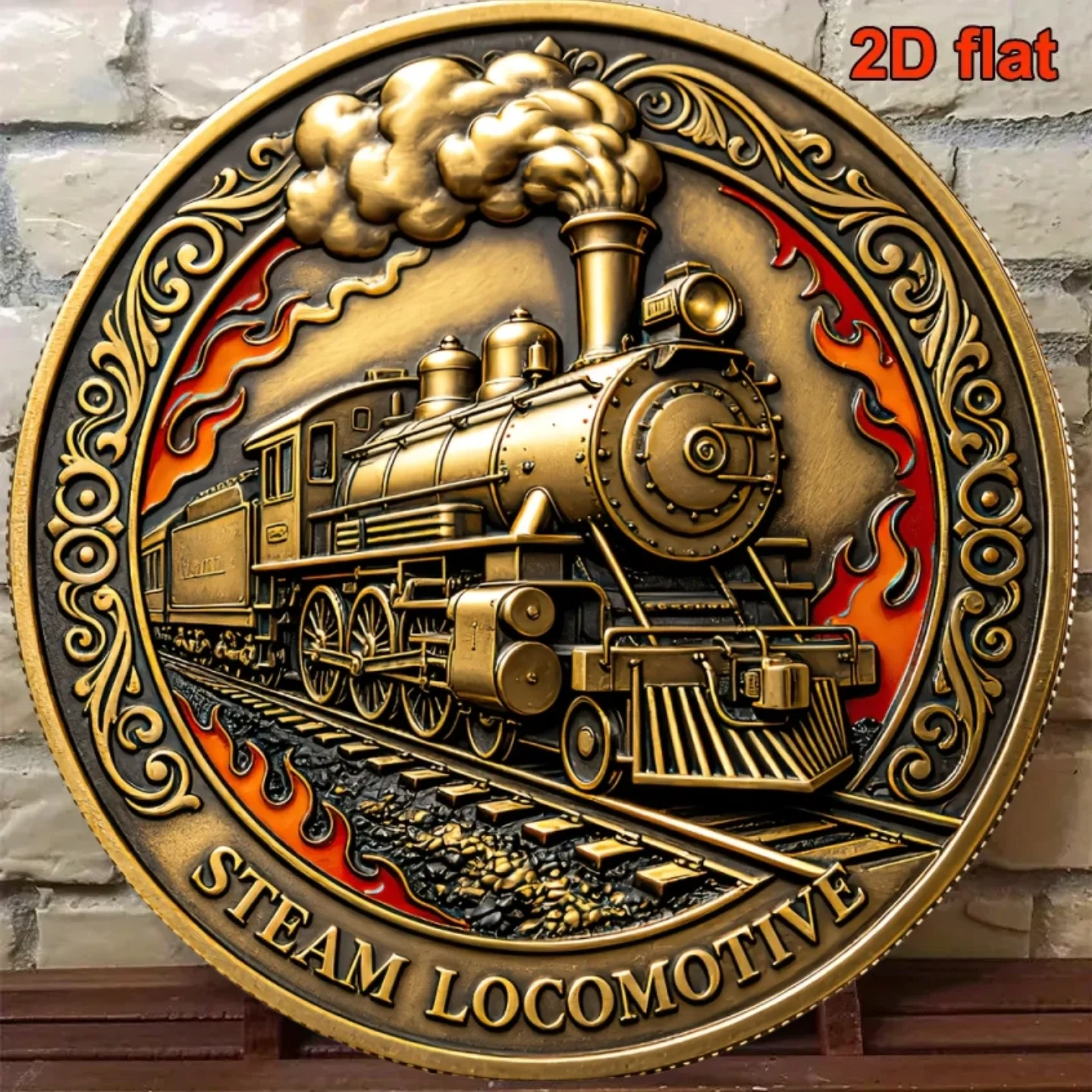2D Flat Vintage Railway Steam Train Round Aluminum Sign - Locomotive Steampunk Decor for Desk Mechanical Lover Birthday Gift
