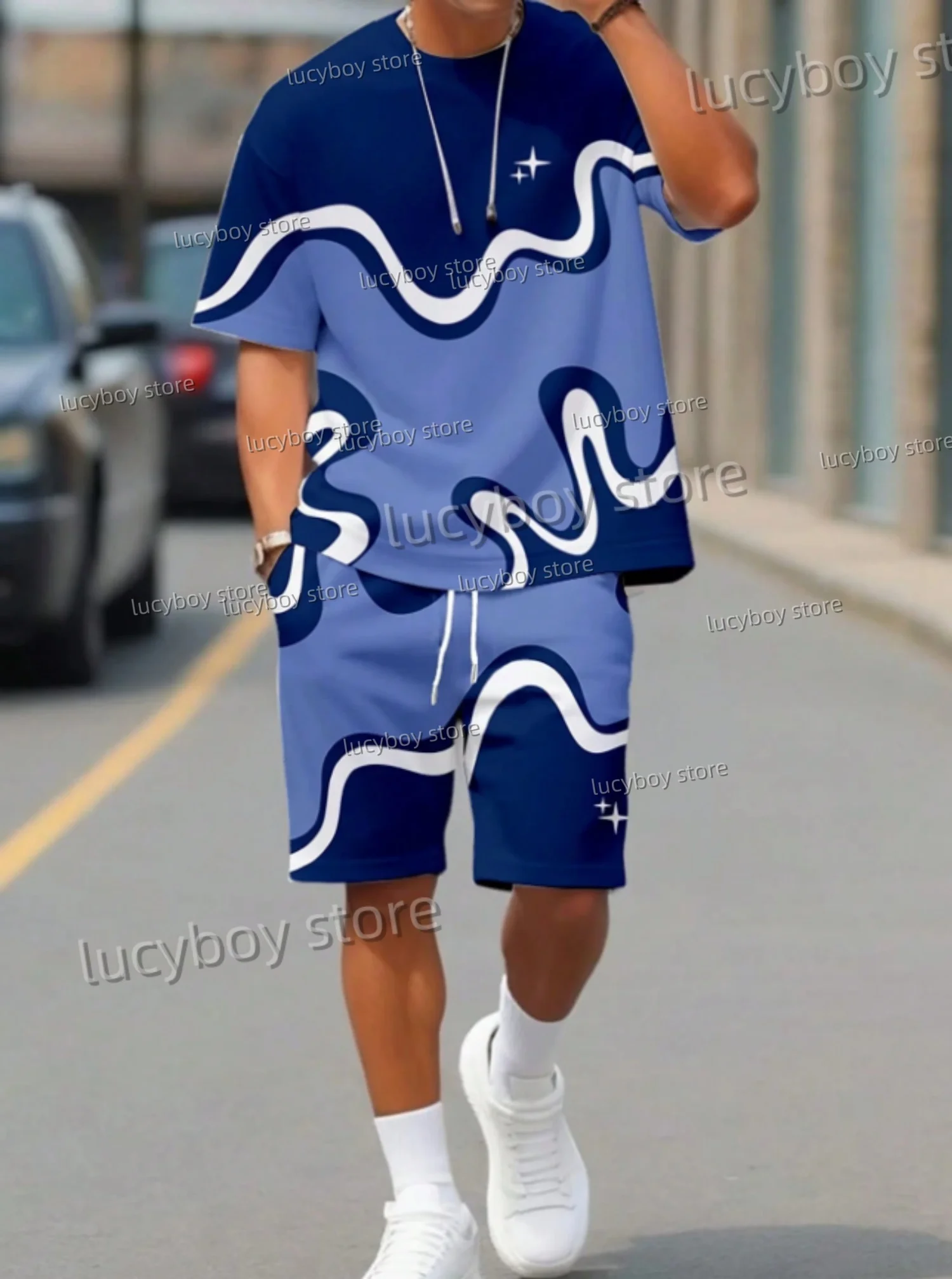 2025 Summer Men 3D digital wave  Print Set Short Sleeve T-Shirt Shorts Set Adult Sport Jogging Plus Size Tracksuit 2 Piece Set