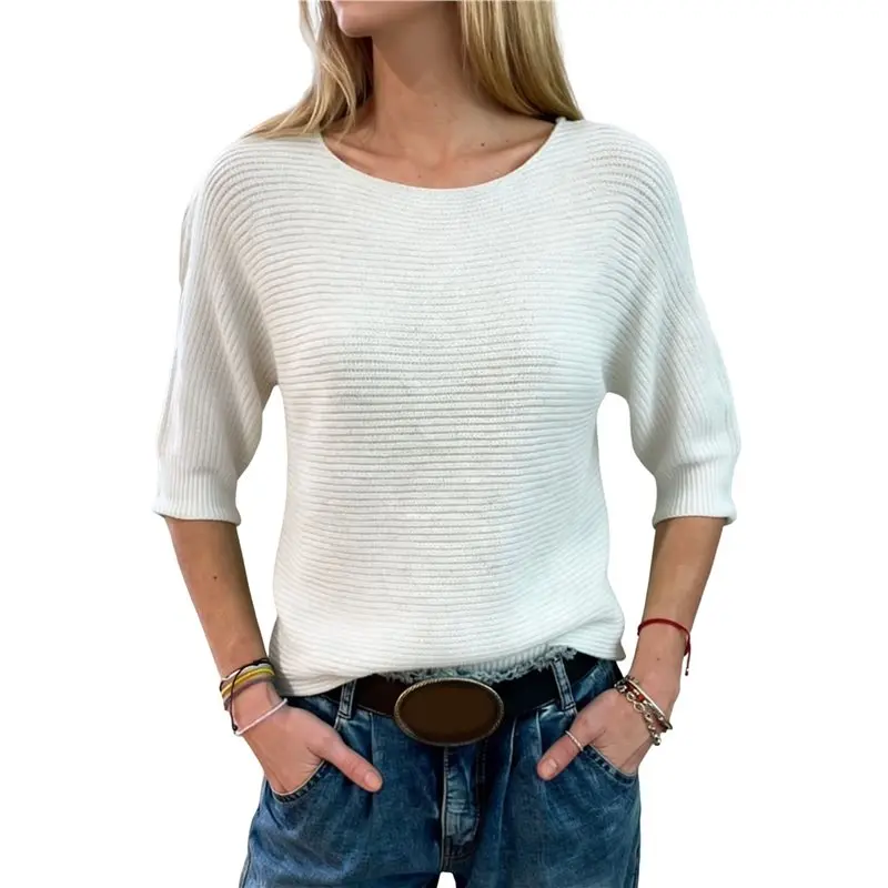 

CYL-Sweaters For Women Casual Boat Neck Knit Tunic Blouse Solid Baggy Tees Fashion 3/4 Sleeve Pullover Shirts