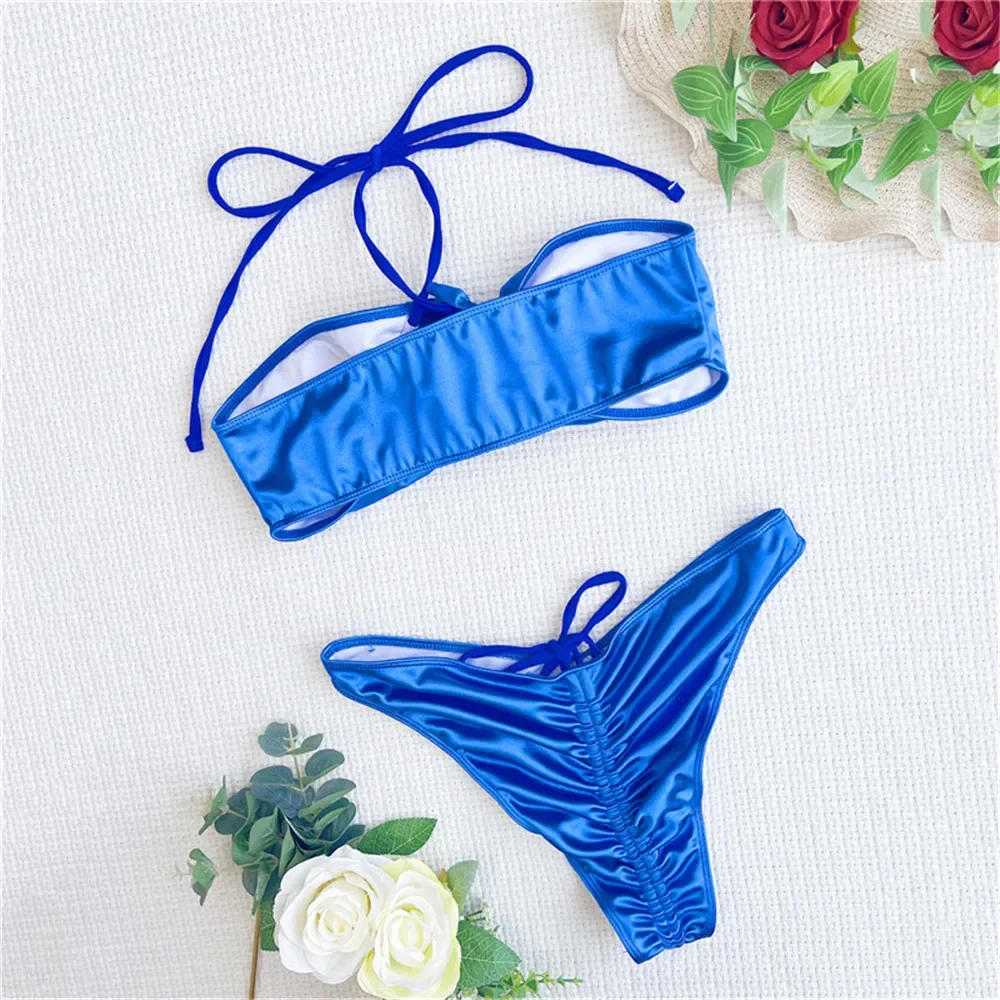 Blue Satin Hollow Out Bandeau Bikinis Sets 2025 Sexy Swimsuit Women String Halter Swimwear Women Ruffled Edge Thong Micro Bikini