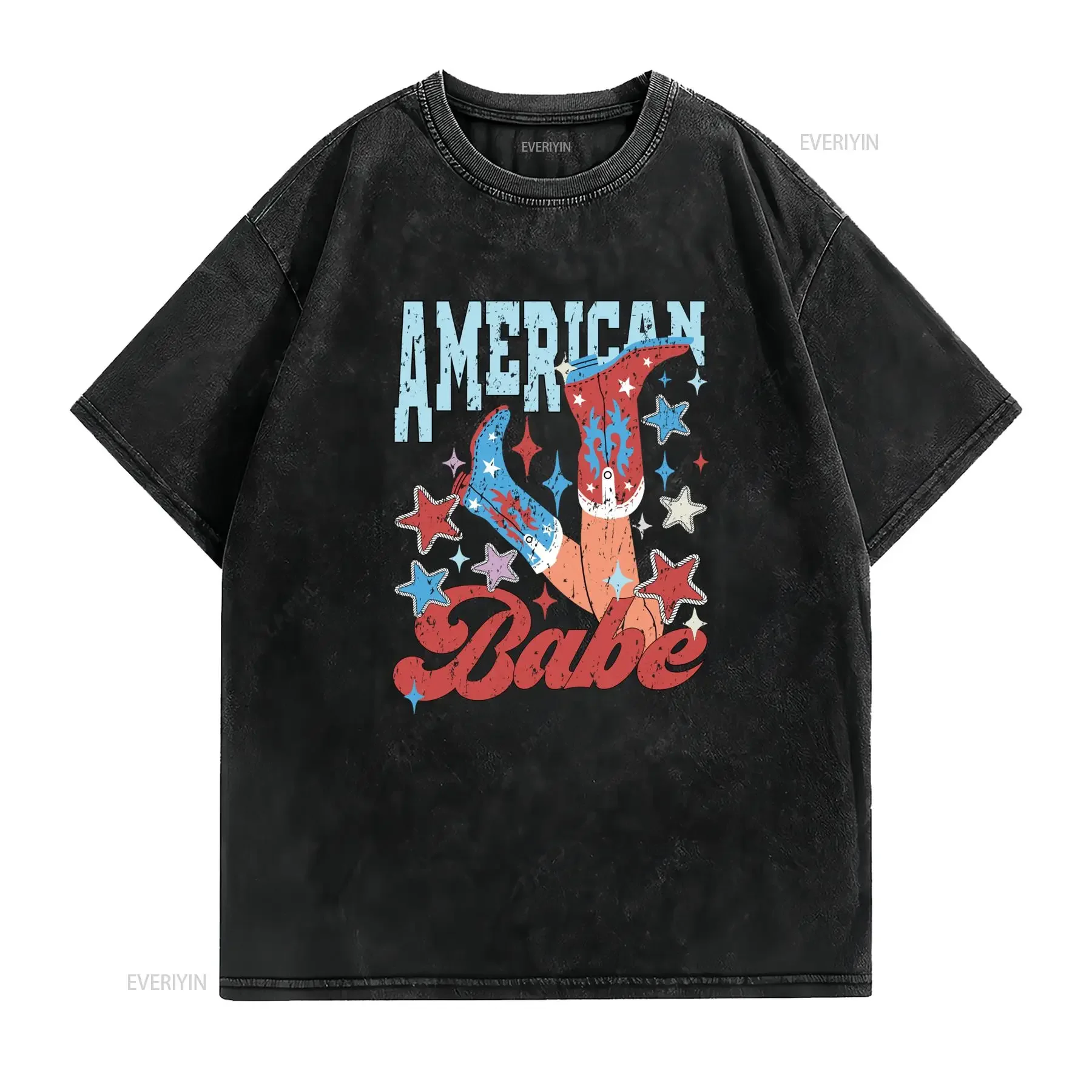 Retro American Babe Cowboy Boots Stars Patriotic Print Casual T Shirt vintage Washed Versatile graphic Breathable Comfortable