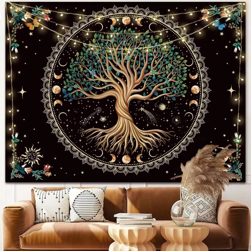 VIKAMA Wandteppich mit Mondphasen und Lebensbaum, Wandteppich mit natürlichen Blumen, Pflanzen und Schmetterlingen, Bohemian Mandala Spirit Wandteppich, Wanddekoration