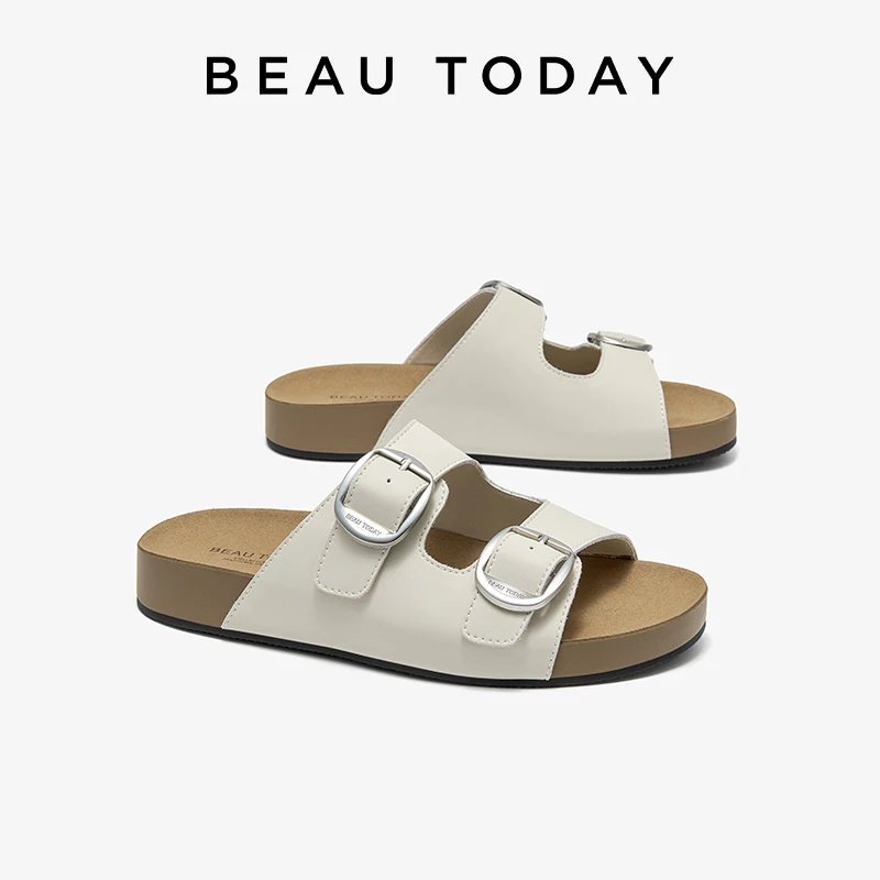 BEAUTODAY Casual Slippers Women Synthetic Leather Metal Buckle Double Straps Slippers Summer Beach Ladies Shoes Handmade 34159