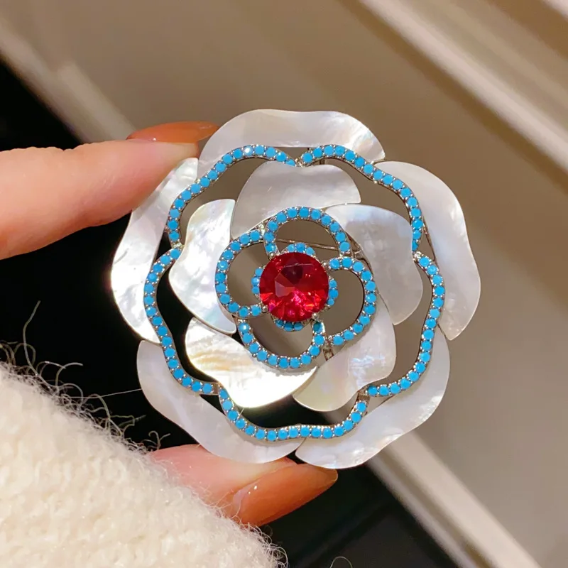 Mother Of Pearl Camellia Flower Brooch Hollow Layered Turquoise Tone Cubic Zirconia Red Center Stone Silver Tone Elegant Daily