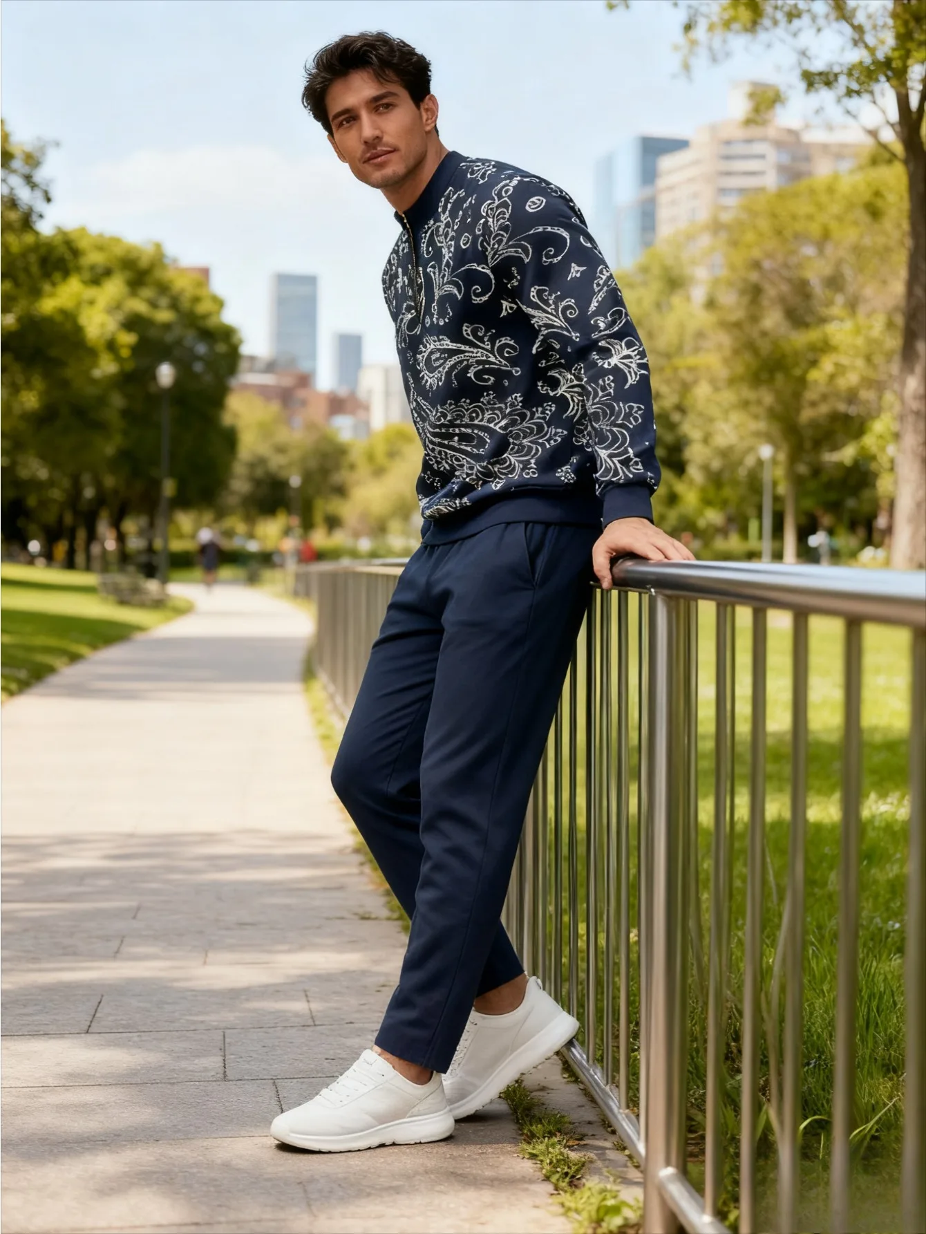 Set da 2 pezzi, top sportivo a maniche lunghe e pantaloni lunghi da uomo europei e americani alla moda