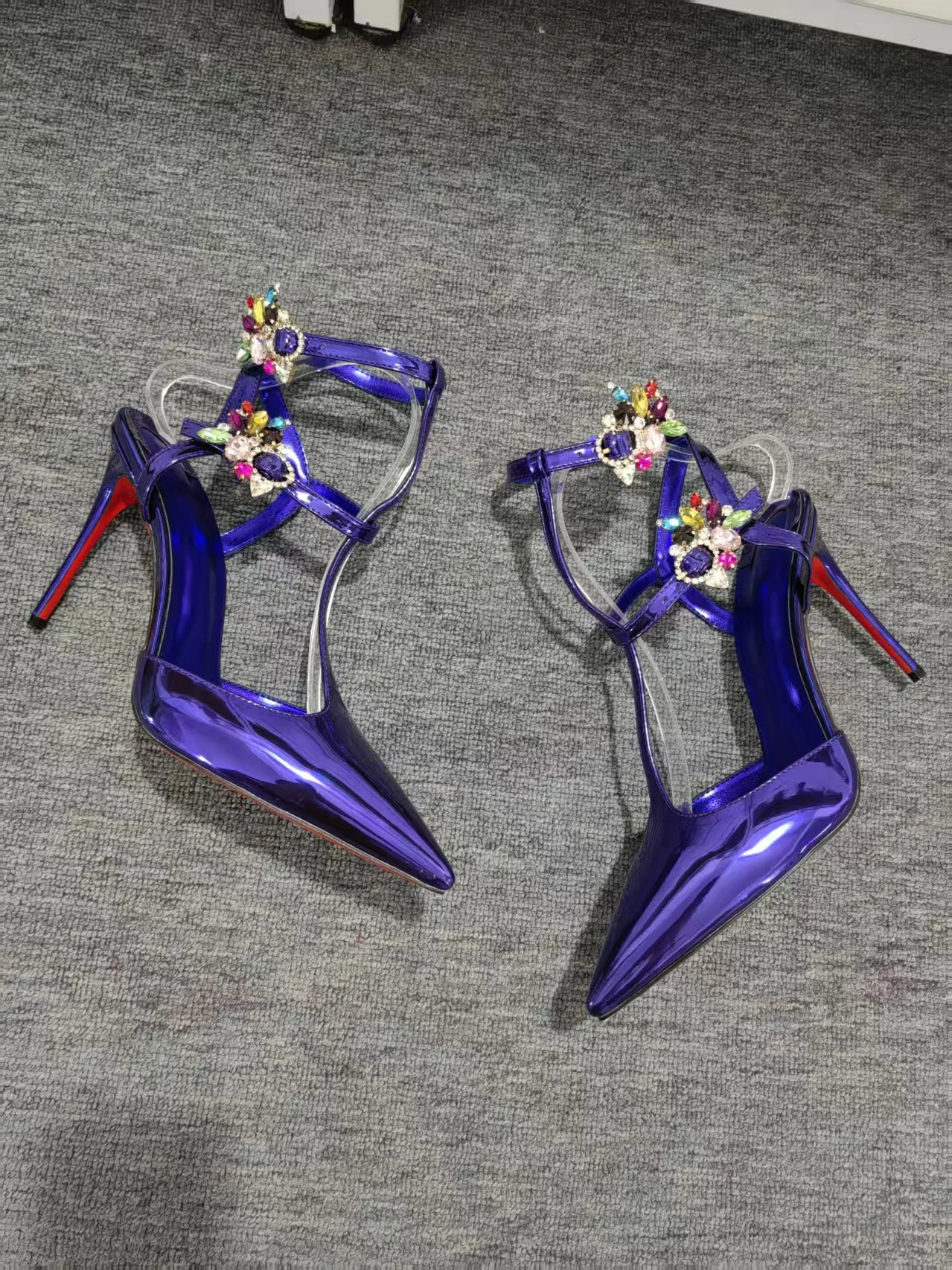 

Blue Patent Leather Rhinestone Sandals Buckled Back Strap Pointed Toe High Heels Sexy Party Shoes Sandalias Mujer Verano