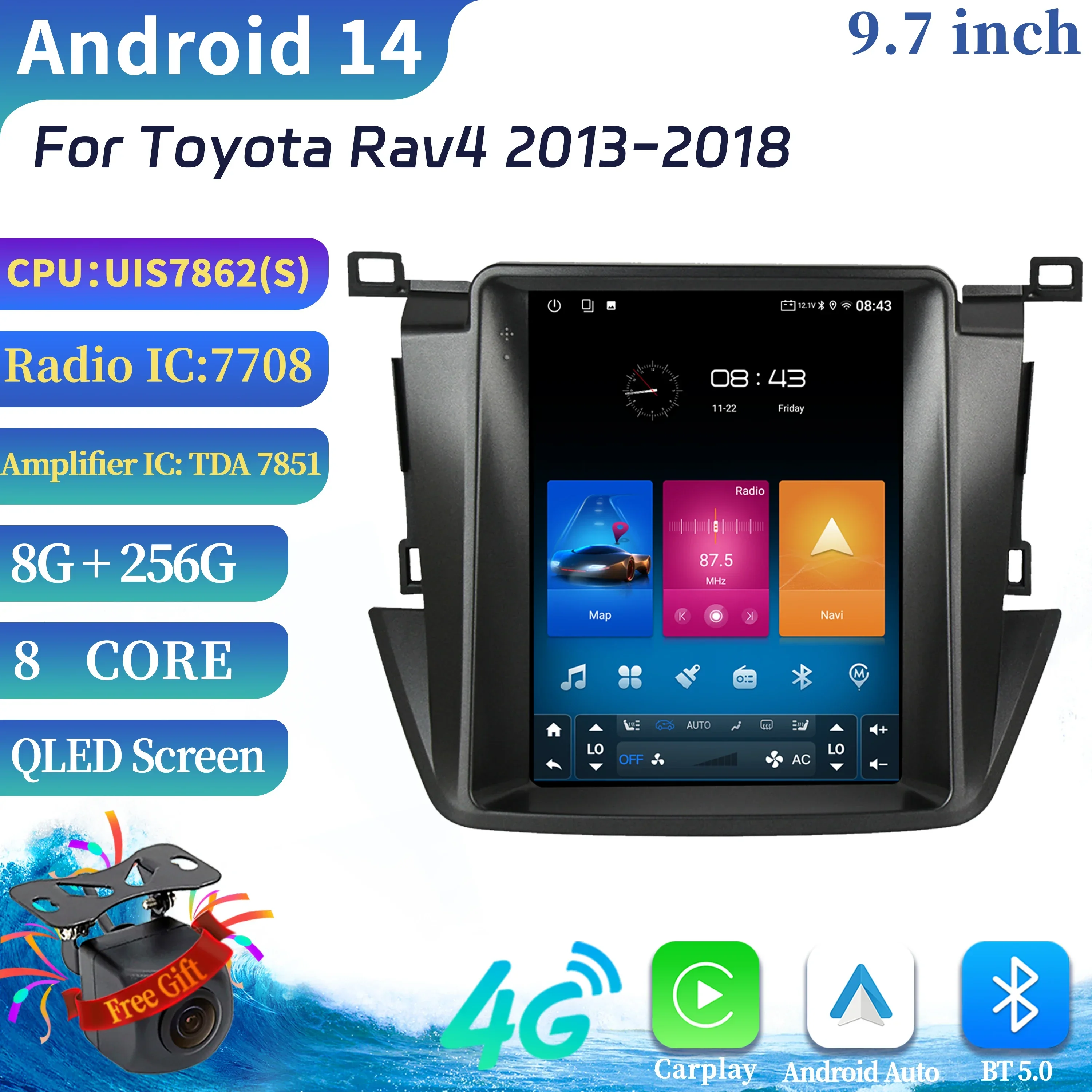 9.7inch Android 14 Car Radio Multimedia Video GPS For Toyota Rav4 2013-2018 Navigation Car Radio Carplay Wireless Screen Stereo