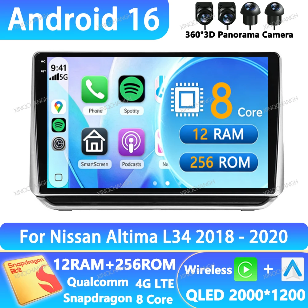 Android 16 Car Radio For Nissan Altima L34 2018 2019 2020 QLED Multimedia Stereo Video Player Head Unit GPS 2DIN Navigation BT