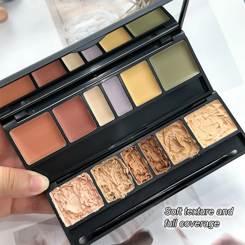 จานคอนซีลเลอร์ 6 สีพร้อมแปรง,คอนซีลเลอร์ติดทนนาน,คอนซีลเลอร์ปกปิดเต็มรูปแบบกันน้ํา,แก้ไขความหมองคล้ํา,เครื่องหมายสีแดง