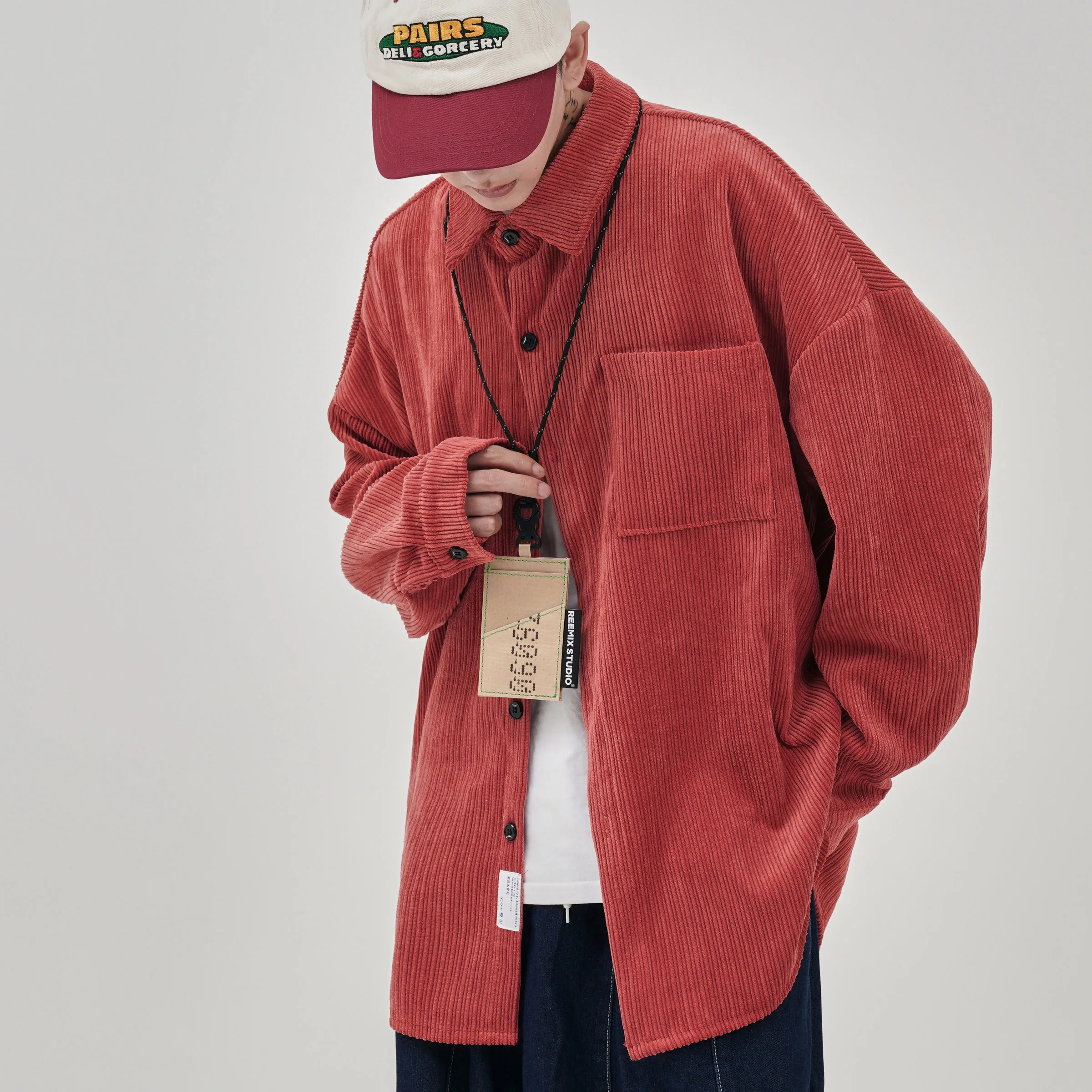 Korean Men's Long Sleeve Overszied Shirt 2024 Corduroy Casual Blouses Top Streetwear Man Shirts Printed Clothing