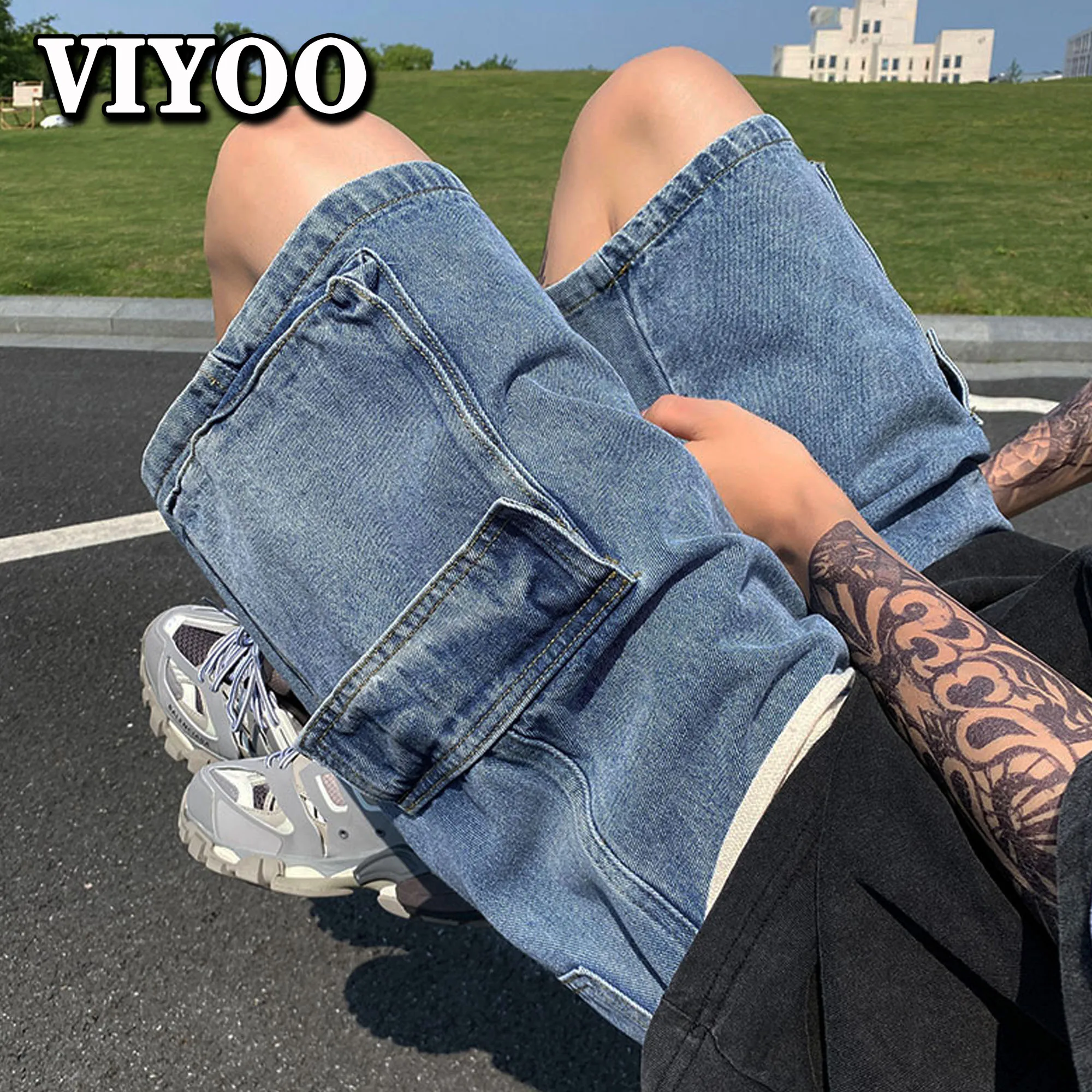 Men\'s 5XL Summer Wide Leg Denim Shorts New Fashion Loose Elastic Waist Large Pocket Baggy Jeans Shorts Men Korean Brand Clothing