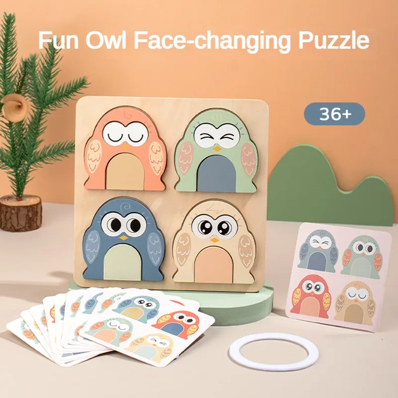 Cute Owl Face Changing Puzzle Montessori Wooden Toy Exercises Baby\'s Recognition of Colors Patterns Education Interactive Game