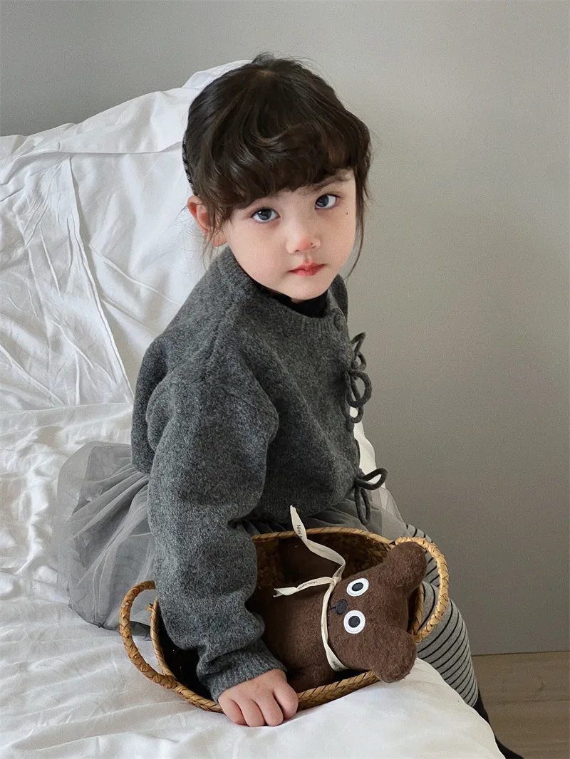 Sweater Autumn New Children\'s Clothing Korean Girl Bow Solid Color Open Stitch 2024 Round Collar 2024 Bows Solid Loose