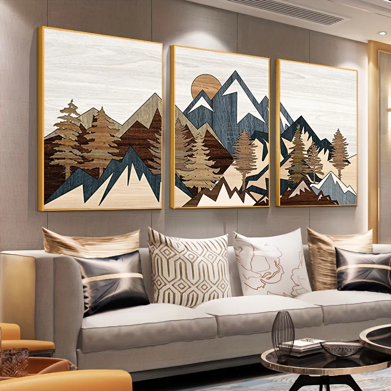 3pcs Modern Minimalist Mountain Abstract Art Canvas Triptych - Frameless Wall Decor with Geometric Landscape Design for Living R