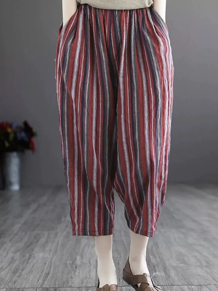 

Cotton Trousers Women Summer Loose High Waist Stripe Pocket Harem Pants Casual Pantalon Female Sweatpants Wide Leg Pants