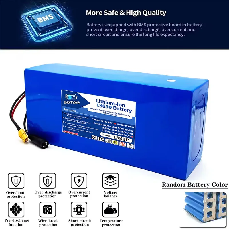 2026 new 18650 13S5P 48V 20Ah rechargeable lithium battery, built-in smart BMS suitable for 100-1000W motor and 54.6V 2A charger