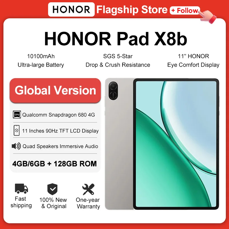 HONOR Pad X8b 글로벌 버전, Wi-Fi/LTE 지원 태블릿 PC, 스냅드래곤 680 프로세서, 4G, 11인치, 90Hz IPS 디스플레이, 듀얼 5MP 카메라, 10100mAh 배터리, 안드로이드 16.