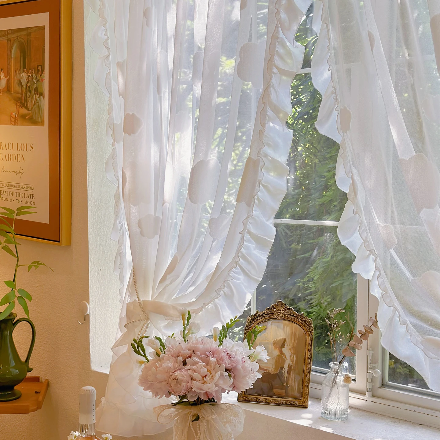 Korean Retro Lace White Sheer Curtain For Small Windows,Cute Cloud Jacquard Sheer Voile For Bedroom, Soft-colored Drapes