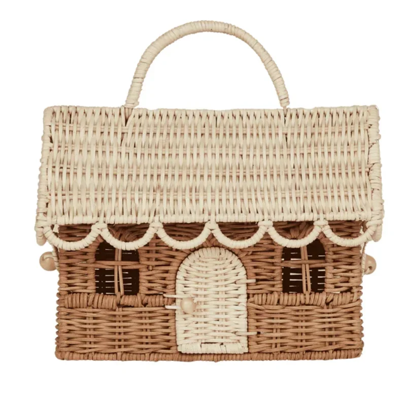 

Cottage play house woven bag children's handbag straw basket with lid storage basket photography props