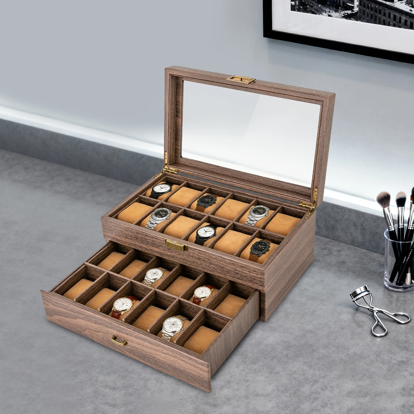 24-Slot Watch Box, 2-Layer Watch Display Organizer, PU Leather Watch Case with Glass Top, for Home Store