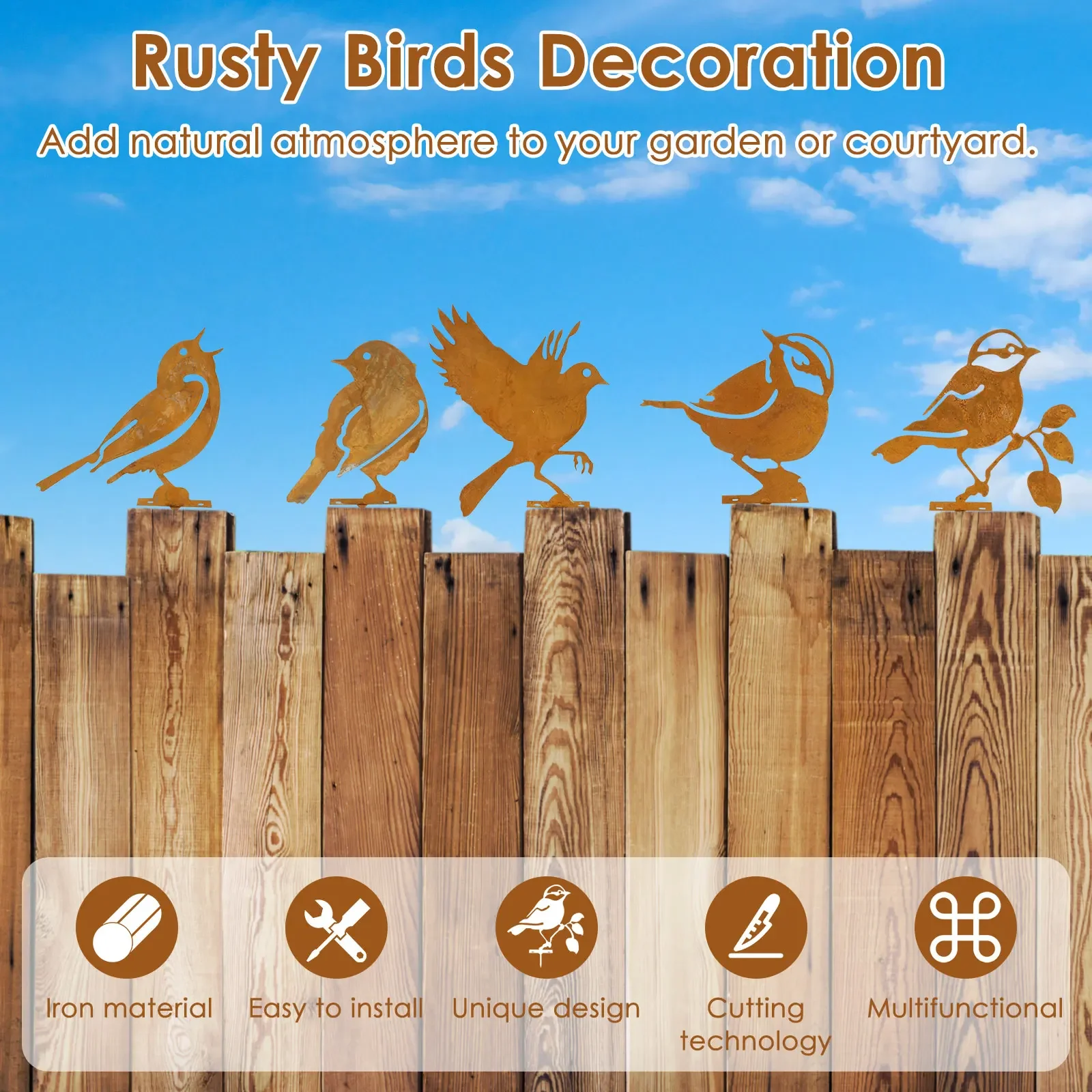 5PCS Rusty Birds Decoration Vintage Metal Birds Craft Statue Ornaments Easy to Install Yard Decorative Metal Birds Yard Decor