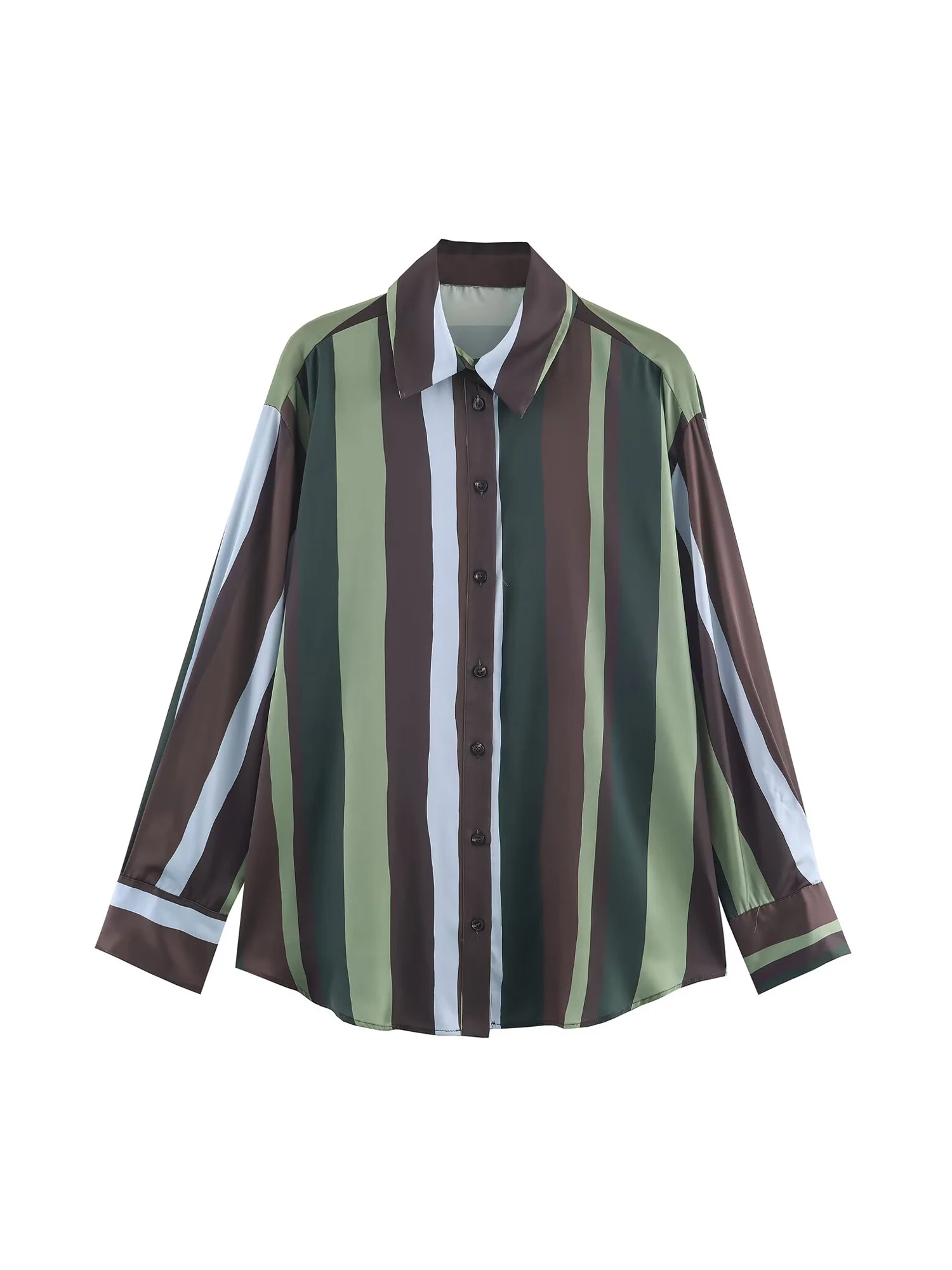 Women Green Striped Polo-Neck Shirts Blouses Y2k Vintage 2000s Elegant Aesthetic Long Sleeve Oversize Shirt Spring Autumn 2025