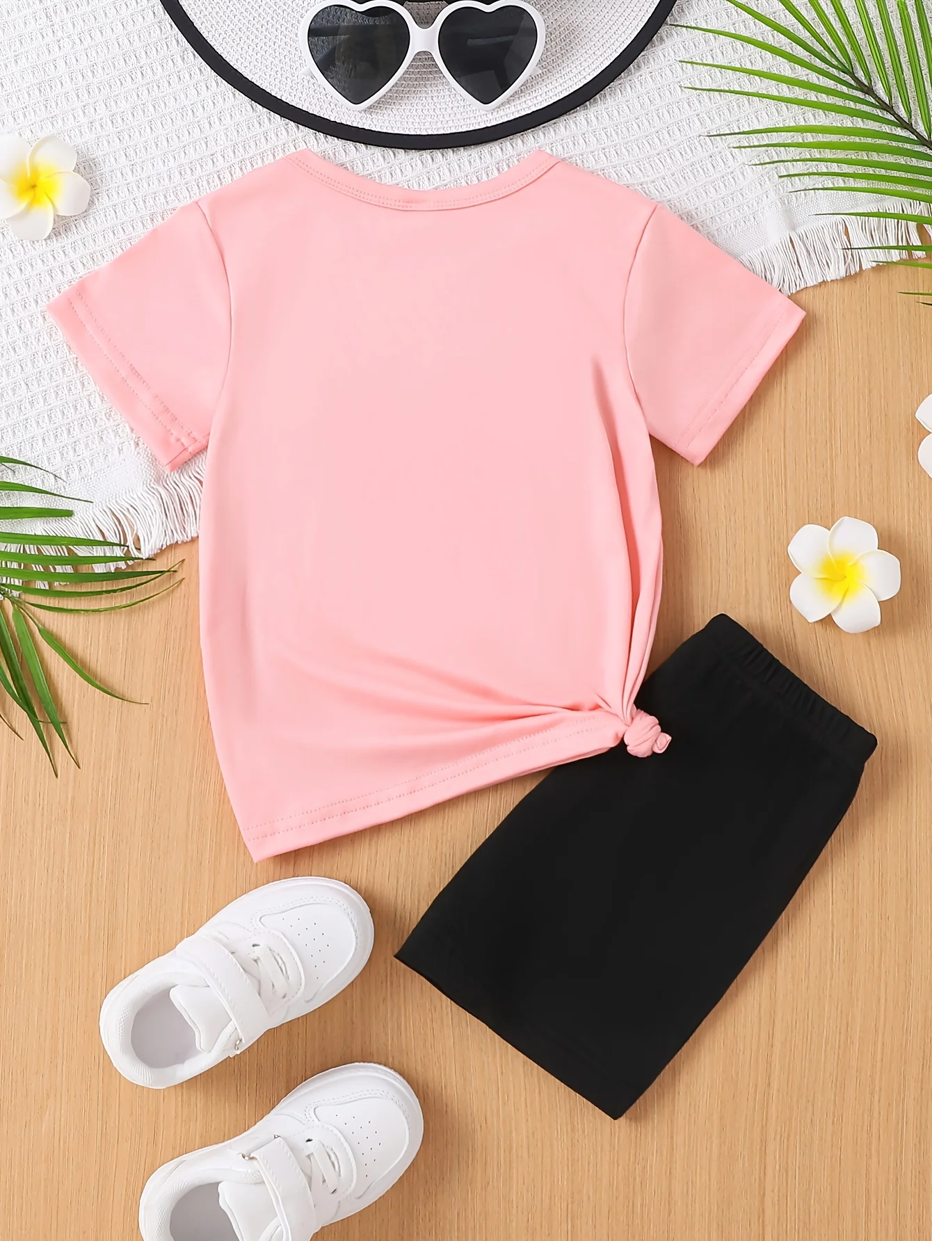 Pink-Black Stitch Cute Set - Heart Elements Girls’ Sweet Cool Cartoon-Style Daily Summer Outfit