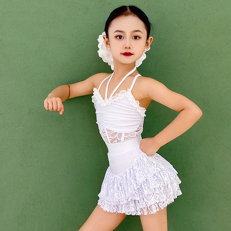 

Lace Halter Latin Dance Dress White Summer Girls Latin Performance Outfit Cha Cha Tango Stage Costume Kids Latin Dancewear 3763