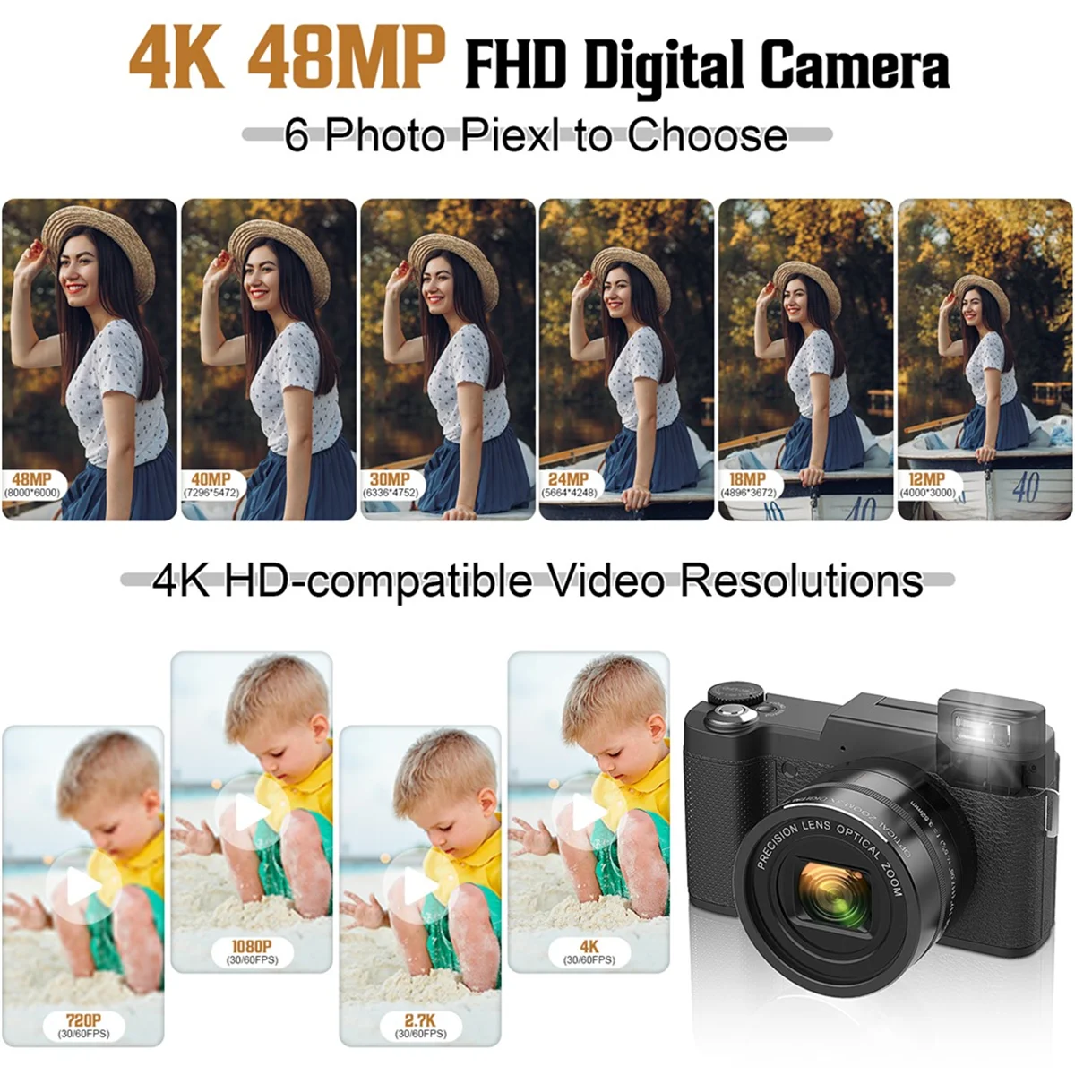 4K 48MP Camera Photo Camera with 5X Optical Zoom & 8X Digital Zoom, Autofocus Compact Camera