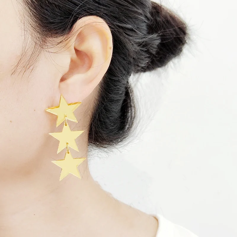 KUGUYS Shiny 3 Stars Earrings for Women Mirror Gold Silver Color Acrylic Jewelry Trendy Fashion Accessories