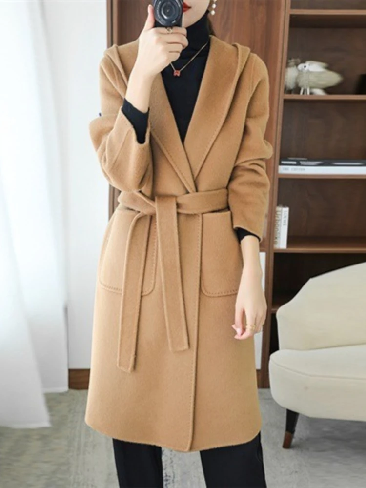 

Women's Hooded Double Faced Wool Coat Autumn and Winter New Simple Solid Color Versatile Elegant Mid Length Jacket With Belt