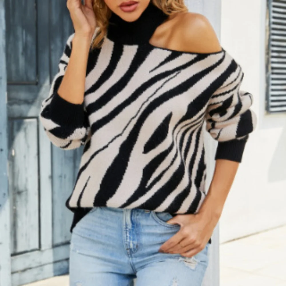 Half High Neck Off Shoulder Pullover Knitted Sweater with Fashionable Contrasting Colors and Tiger Pattern for Autumn and Winter