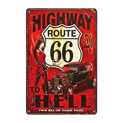 Metallblechschild Vintage Chic Art Dekoration Highway Route 66 bis Hölle Auto für Zuhause, Garage oder Club;