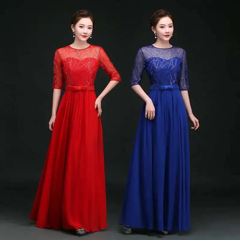 

Women's Long Dress Choir Performance Dress Slim Fit Banquet Adult Long Style 2020 Middle-aged and Elderly Red Song Choir Dress