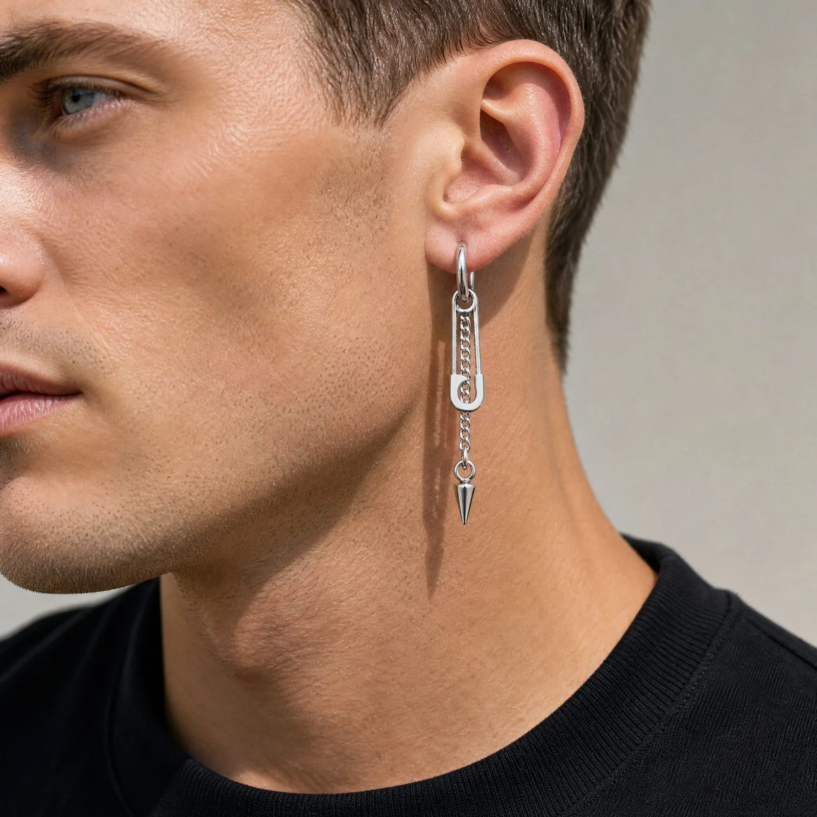 Vnox Punk Stainless Steel Hoop Earrings for Men, Black Bead Cone Spike Safety Pin Spike Dangle Drop Gothic Hip Hop Jewelry Gift