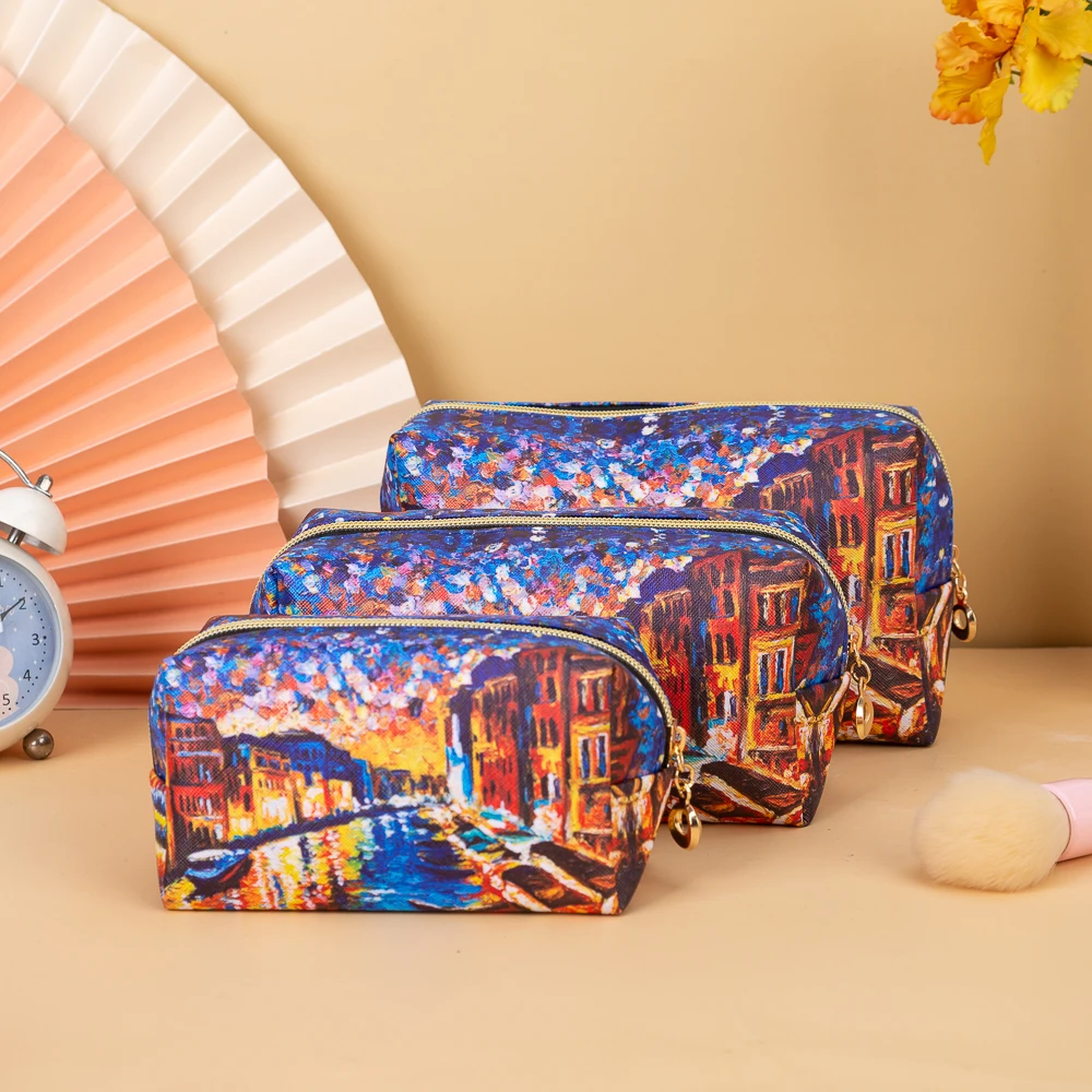 Colorful street printing waterproof cosmetic bag cute beauty tool storage bag travel large-capacity student coin purse